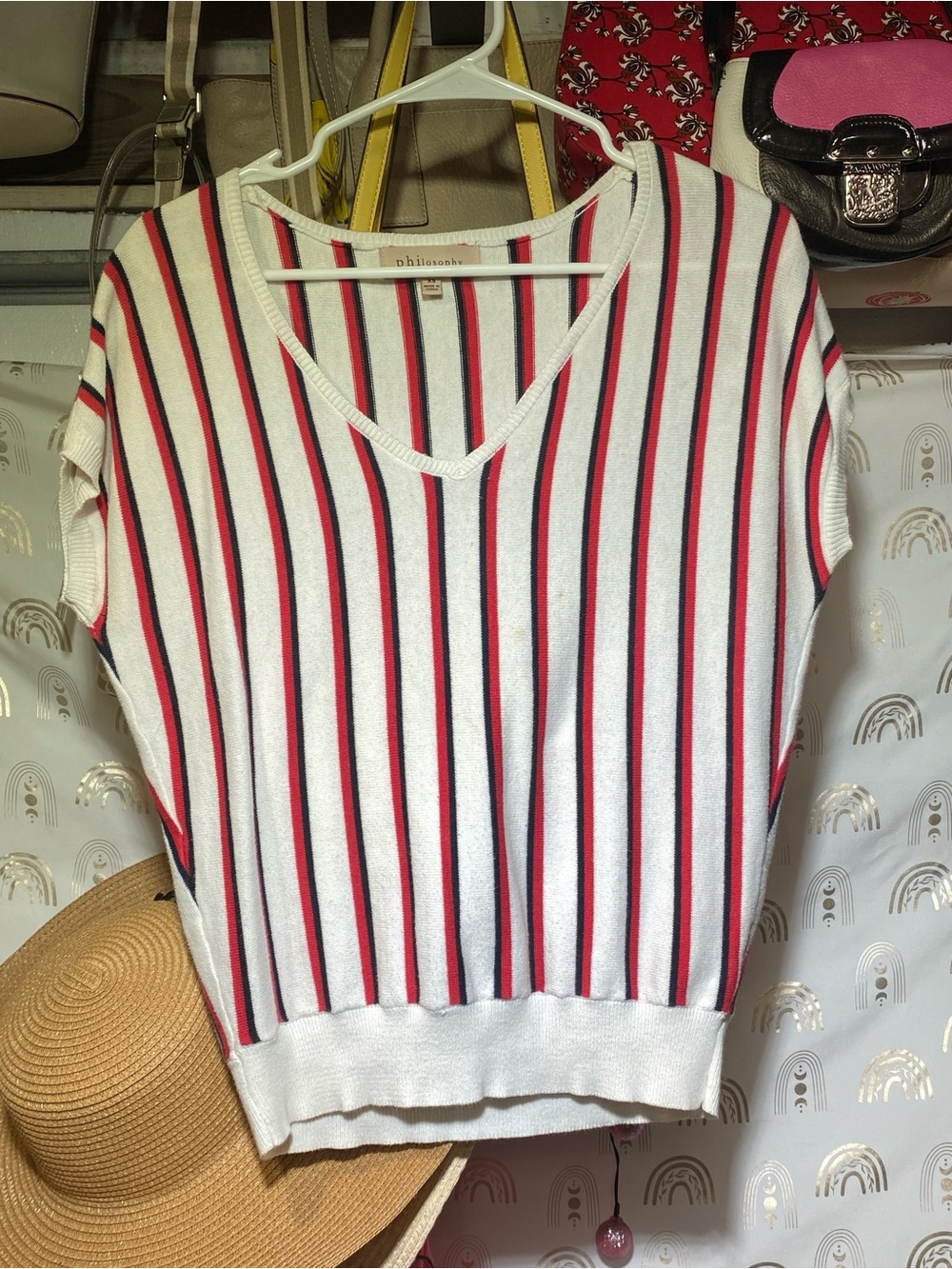 Philosophy White V-Neck Sweater Top with Red and Navy Stripes